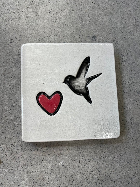 Bird And Heart Square Tile - White